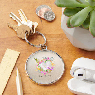 Floral Garden Monogram Heart Beige Keychain