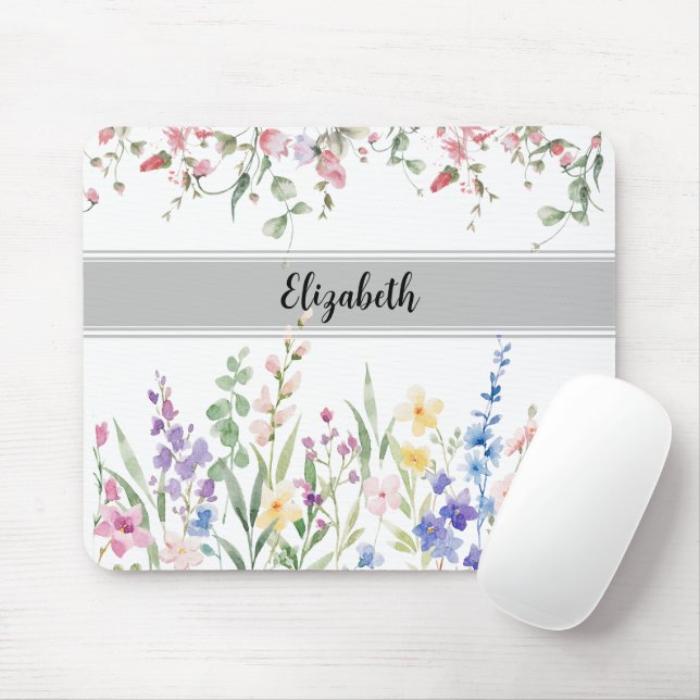 Floral Garden Monogram Script White Mouse Pad (With Mouse)