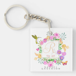 Floral Garden Monogram White Keychain