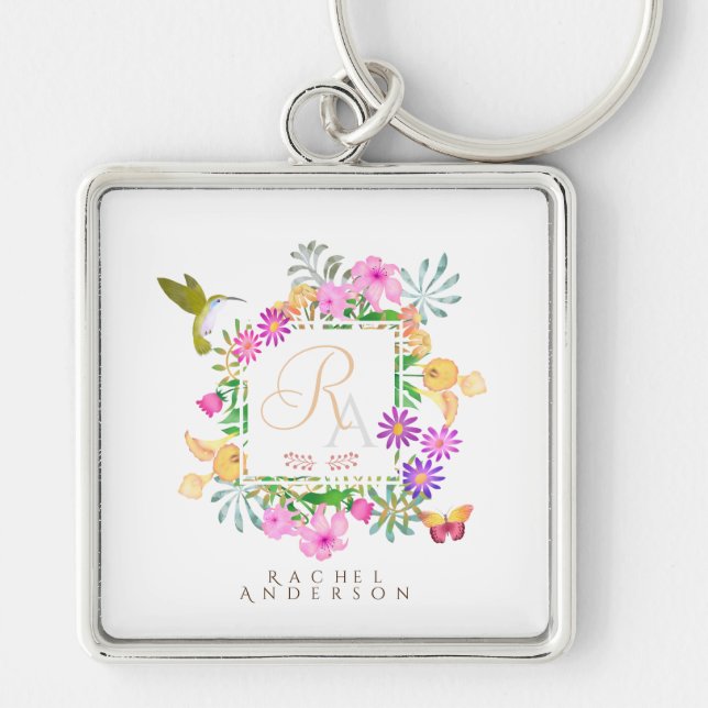 Floral Garden Monogram White  Keychain (Front)
