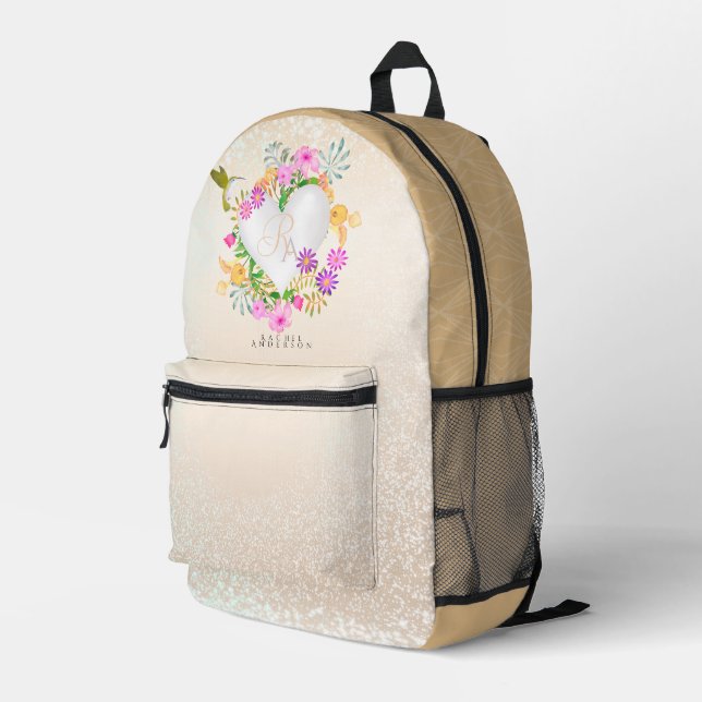 Floral Garden Monogram White Printed Backpack (Back Corner Right)