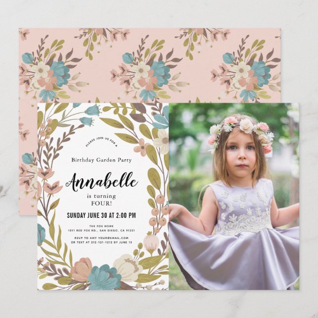 Floral Garden Party White Photo Birthday Invitatio Invitation (Front/Back)