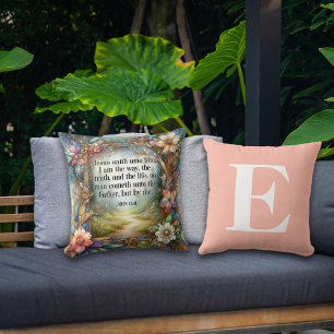 Floral Garden Path Scripture Peach Monogram Throw Pillow