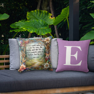 Floral Garden Path Scripture Purple Monogram  Throw Pillow