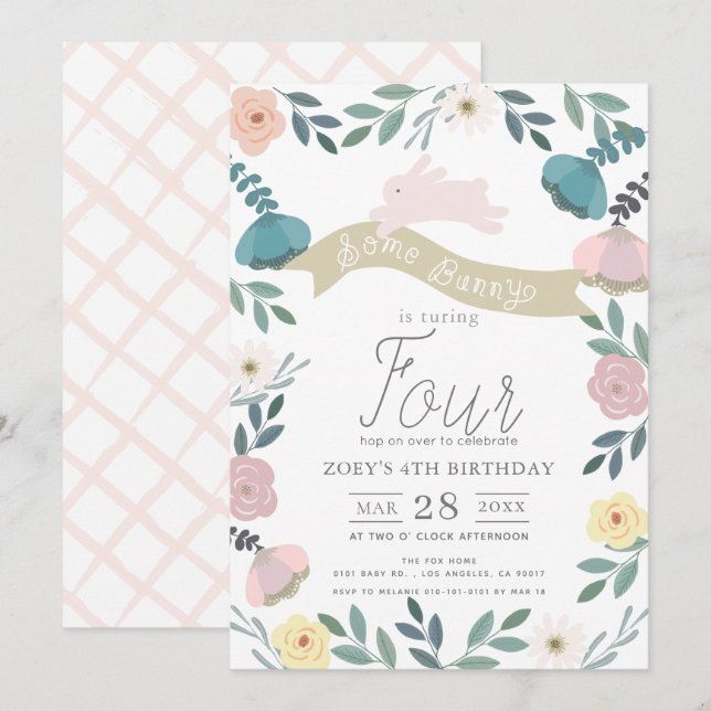 Floral Garden Pink Bunny Girl Birthday Invitation (Front/Back)