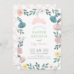Floral Garden Pink Bunny White Easter Brunch Invitation