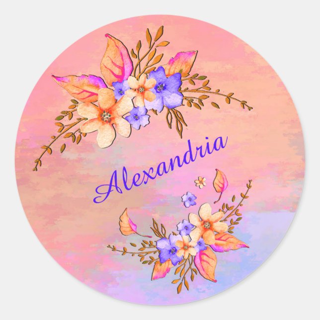 Floral Garden Pink Watercolor Personalize Classic Round Sticker (Front)