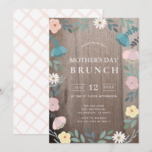 Floral Garden Rustic Wood Mother's Day Brunch Invitation (Front/Back)