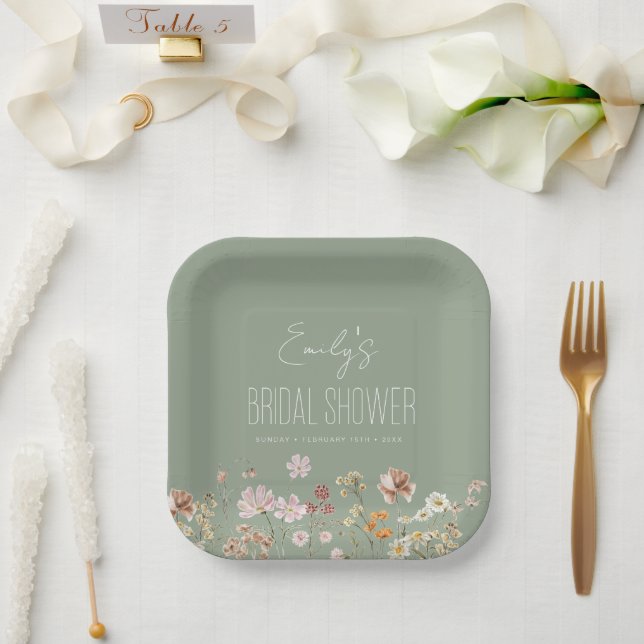 Floral Garden Sage Green Wildflower Paper Plate (Wedding)