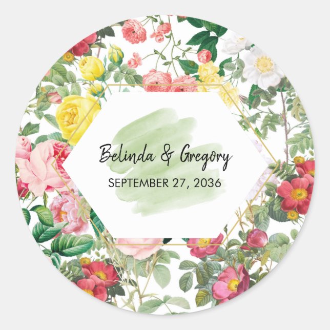 Floral Garden, Watercolor & Geometric Wedding Classic Round Sticker (Front)