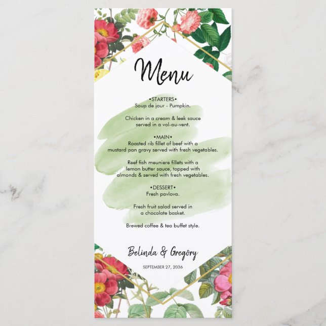 Floral Garden, Watercolor & Geometric Wedding Menu (Front)