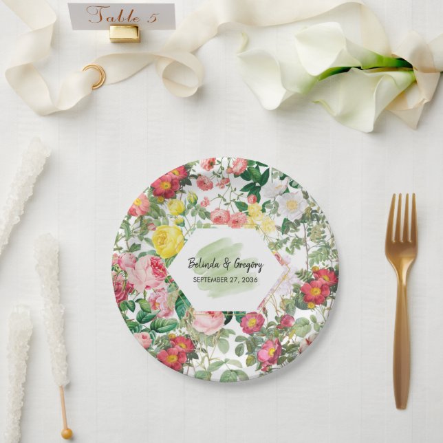 Floral Garden, Watercolor & Geometric Wedding  Paper Plate (Wedding)