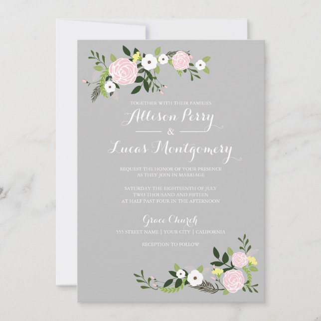 Floral Garden Wedding Invitation -grey (Front)
