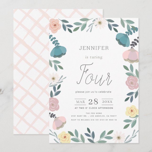 Floral Garden White GIrl Birthday Invitation (Front/Back)
