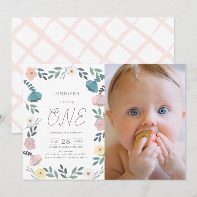 Floral Garden White GIrl Photo 1st Birthday Invitation (Front/Back)