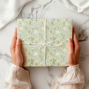Floral Garden Wild Flowers Pattern Botanical Green Wrapping Paper