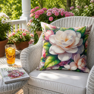 Floral Gardenia Blooms with Greenery Garden Flower Outdoor Pillow