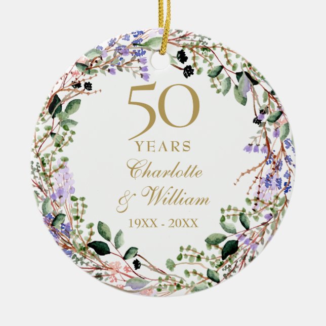 Floral Garland 50th Wedding Anniversary  Ceramic Ornament (Front)