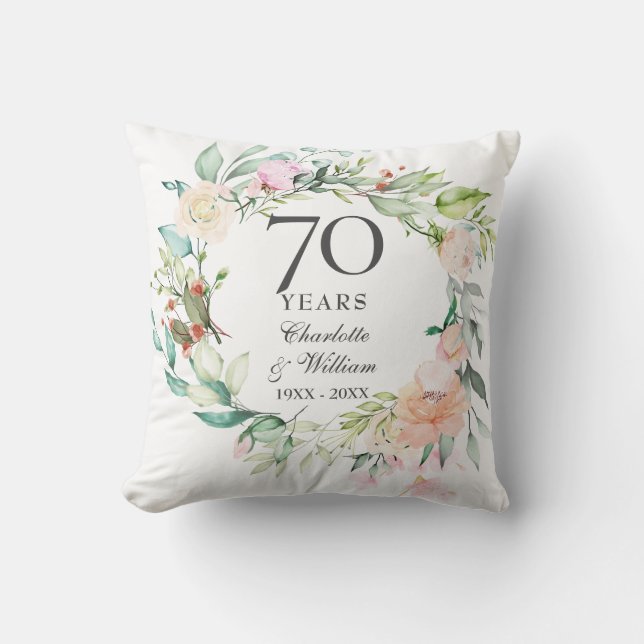 Floral Garland 70th Wedding Anniversary Photo Throw Pillow (Front)