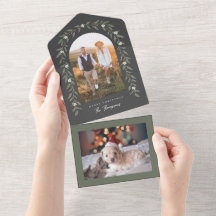Floral Garland Arched Photo Black Christmas Card