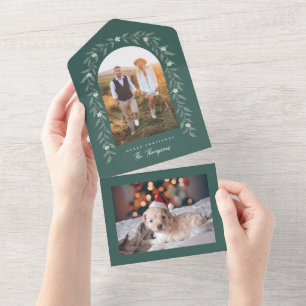 Floral Garland Arched Photo Green Christmas Card