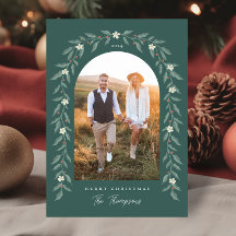 Floral Garland Arched Photo Green Christmas Card