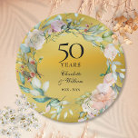 Floral Garland Gold Foil 50th Wedding Anniversary Paper Plate<br><div class="desc">Featuring a delicate watercolor floral garland on a gold foil background,  this chic botanical 50th wedding anniversary paper plate can be personalized with your special anniversary information in elegant text. Designed by Thisisnotme©</div>