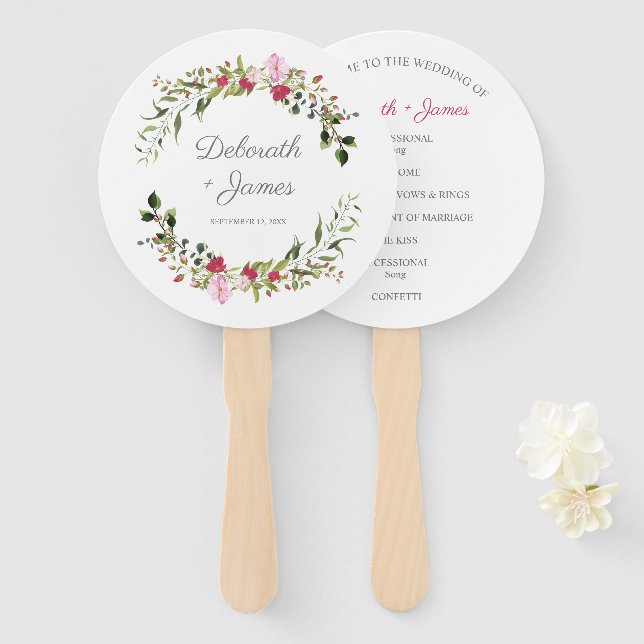 Floral Garland in Pink & Red for Outdoor Wedding Hand Fan (Front and Back)