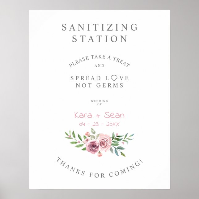 Floral Garland Wedding Sanitizing Hand Gel Station Poster (Front)