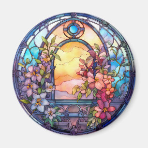 Floral Garland with Sunset Faux Stained-Glass Magnet