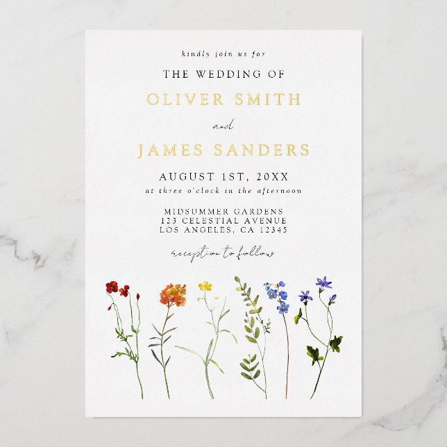 Floral Gay Pride Wedding Foil Invitation (Front)