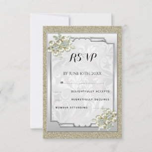 Floral Gem Framed, Gold & Silver Wedding RSVP Card