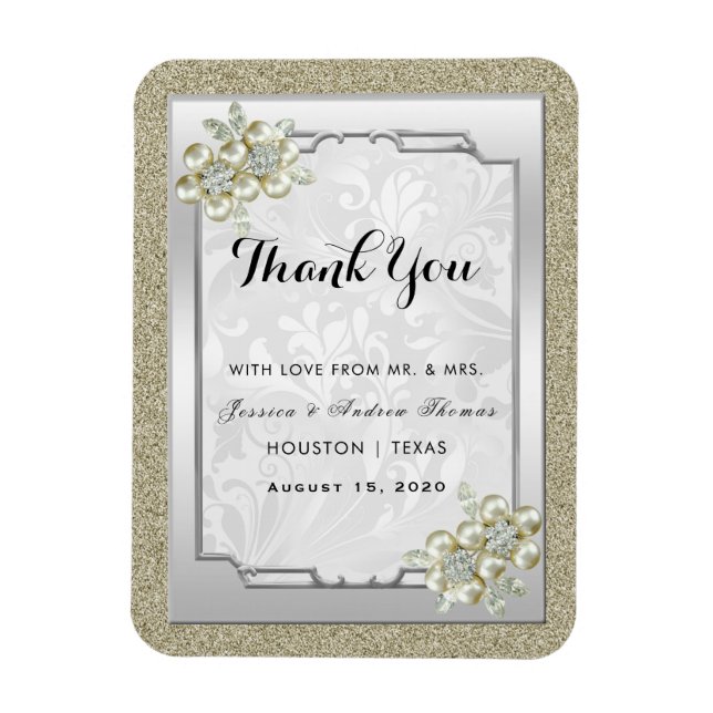 Floral Gem Silver Framed, Gold & Silver Wedding Magnet (Vertical)