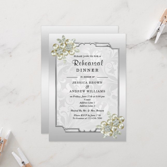 Floral Gem, Silver Framed Wedding Dinner Rehearsal Invitation (Front/Back In Situ)