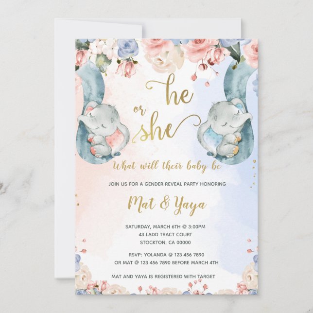 Floral Gender Reveal Elephant Baby Shower Invitation (Front)