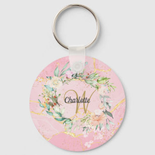 Floral Geode Agate Gold Script Monogram  Keychain