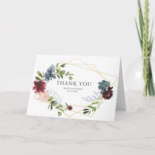 Floral Geometric Blue Burgundy Wedding Thank You (Front)