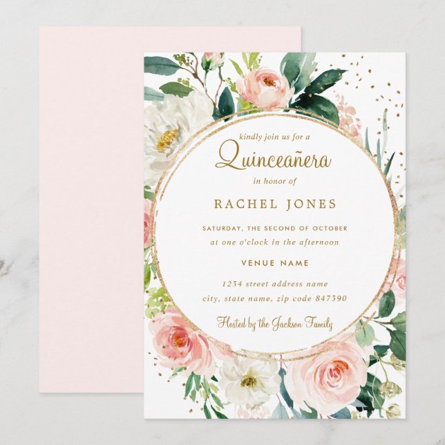 Floral Geometric Blush Gold Quinceanera Invite (Front/Back)