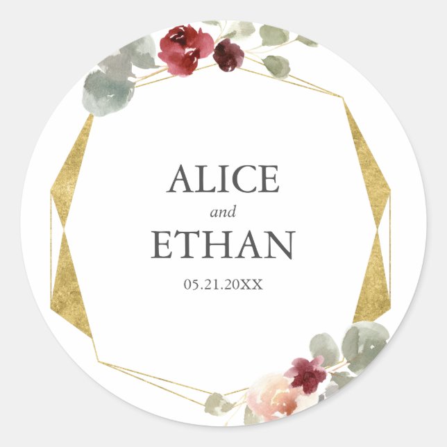 Floral Geometric Burgundy And Greenery Wedding Classic Round Sticker (Front)