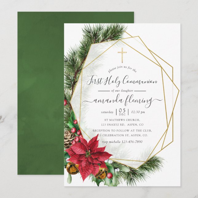 Floral Geometric Christmas Holy Communion Invitation (Front/Back)