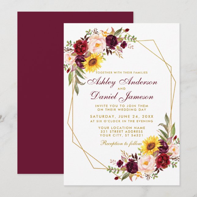 Floral Geometric Gold Frame Wedding Burgundy Invitation (Front/Back)