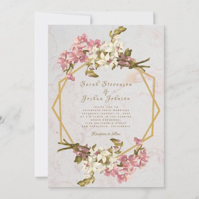 Floral Geometric Marble Gold and Flowers Wedding Invitation (Front)