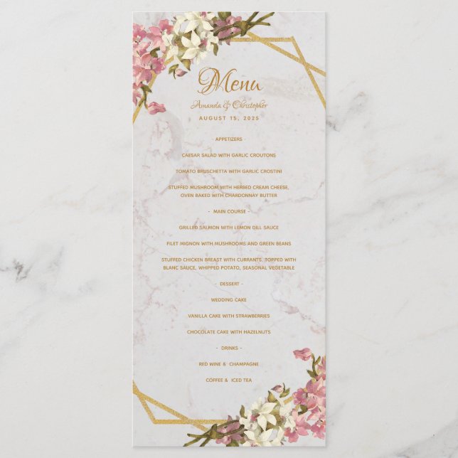 Floral Geometric Marble Gold and Orchids Wedding Menu (Front)