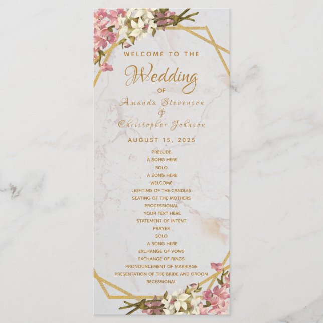 Floral Geometric Marble Gold and Orchids Wedding Program (Front)