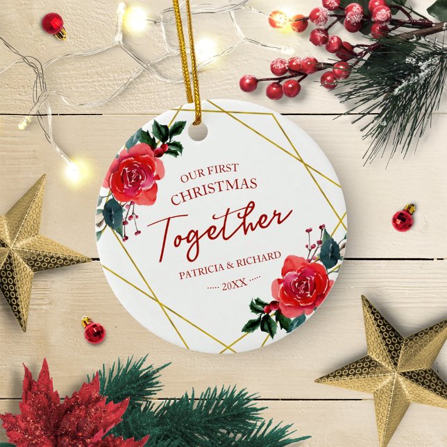 Floral Geometric Our First Christmas Together Ceramic Ornament (Creator Uploaded)