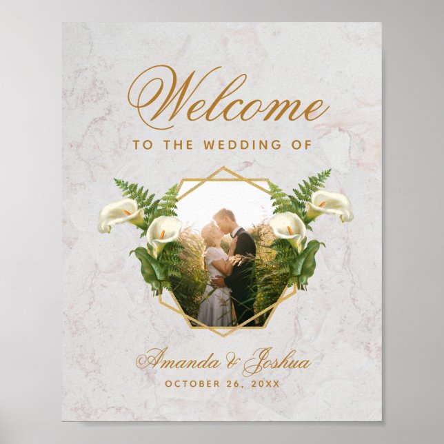 Floral Geometric Photo Calla Lilies Wedding Sign (Front)