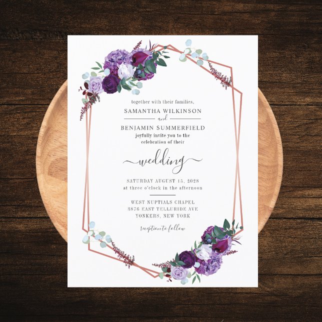Floral Geometric Purple Flowers Wedding Invitation Postcard (Purple Floral Geometric Script Wedding Invitation Postcard)