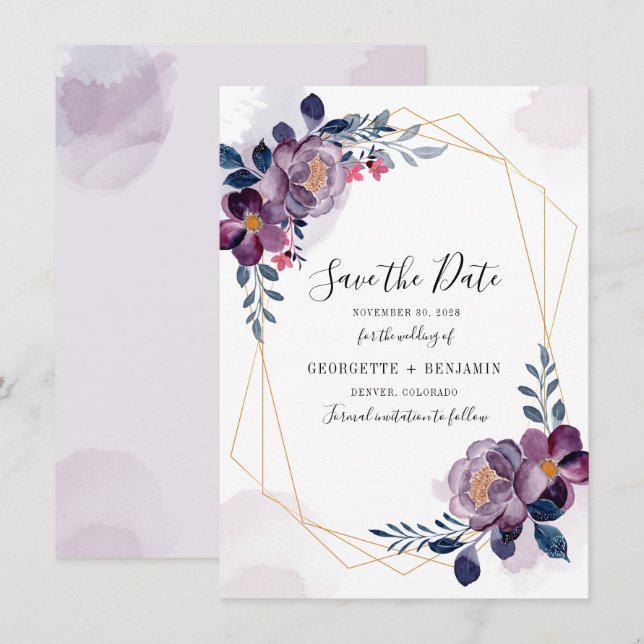 Floral Geometric Purple Foliage Wedding Save The Date (Front/Back)
