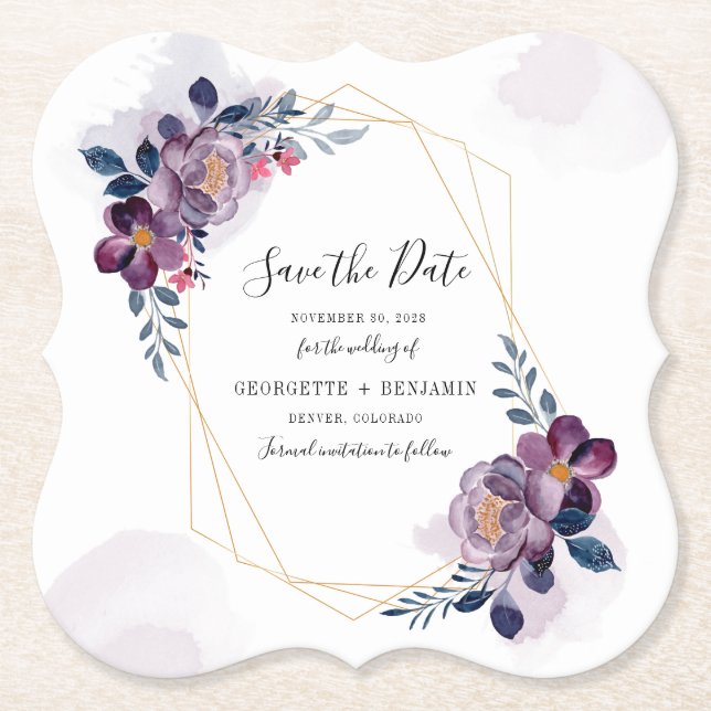 Floral Geometric Purple Wedding Save the Date Paper Coaster (Front)