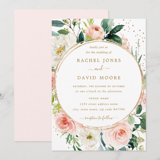 Floral Géométrique Faire-part de mariage Or Blush (Devant / Derrière)